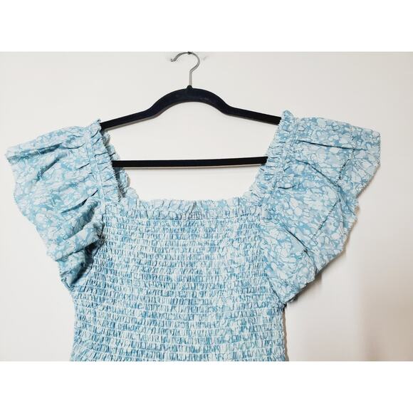 Love The Label Top Womens Small Puff Sleeve Ruffles Smocked Blue Peplum Feminine - Picture 4 of 11